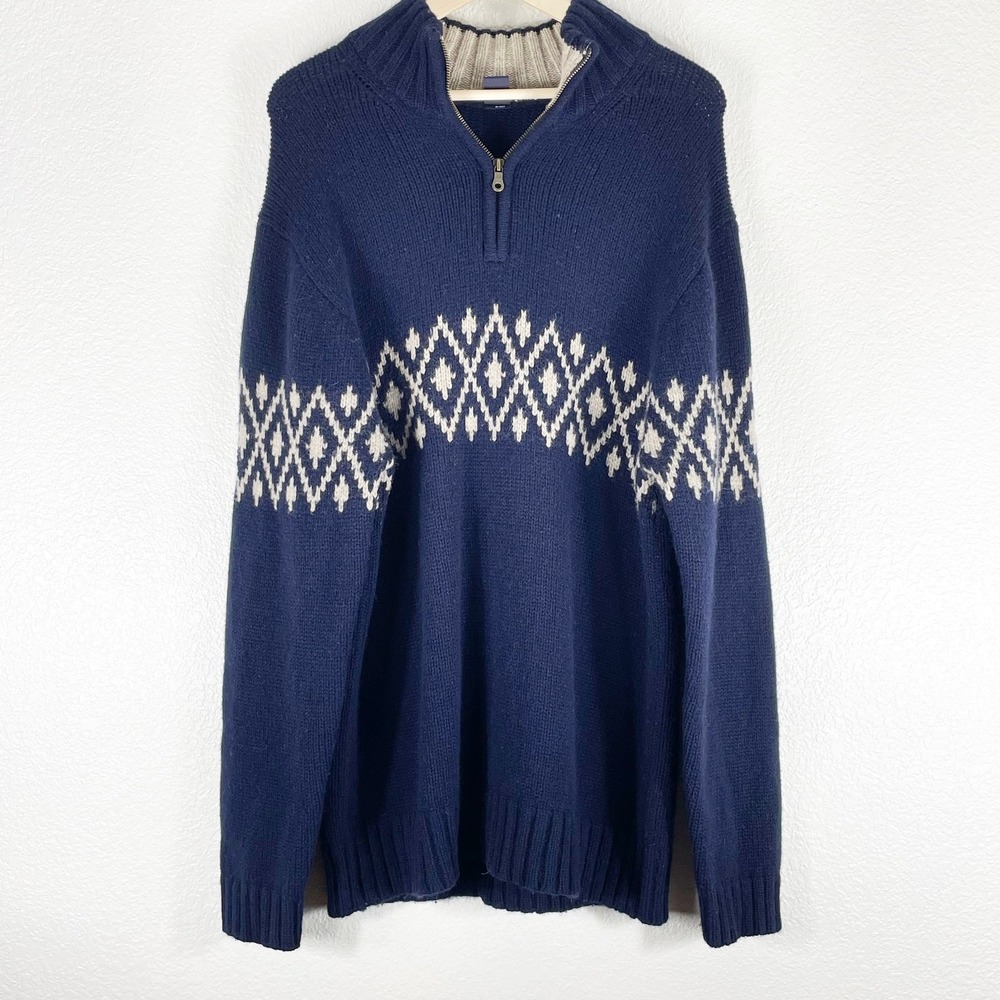 GAP Men's Navy Blue 100% Lambs Wool Sweater Sz XL Beige Fair Isle Mock Neck Zip